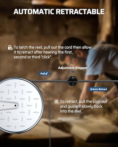 DEWENWILS 30 Ft Retractable Extension Cord Reel, Ceiling/Wall Mount 16/3 Gauge SJTW Power Cord with 3 Electrical Outlets Pigtail for Garage and Shop, 10 Amp Circuit Breaker, Metal Plate, UL Listed - Image 6