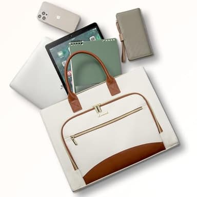 LOVEVOOK Laptop Bag for Women 15.6 inch Canvas Laptop Tote Bag， Large Professional Teacher Purse Lightweight Computer Bag Briefcase Business Office, White Brown - Image 6
