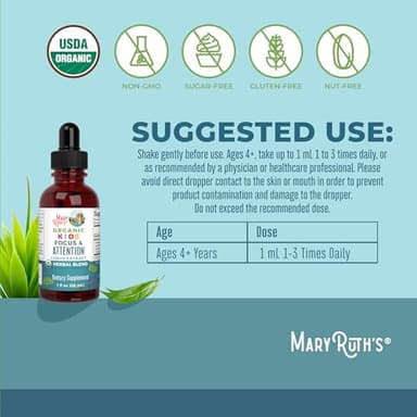 MaryRuth Organics Kids Brain Supplements for Memory and Focus, USDA Organic Drops with Ginkgo Biloba, Rhodiola Root & Licorice Root, Focus & Attention, Calm, Vegan, Non-GMO, Gluten Free, 30 Servings - Image 3