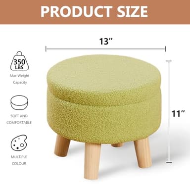 Wimarsbon Storage Ottoman, Modern Round Footrest with Soft Padded Seat, Teddy Velvet Footstool with Wood Legs, Accent Small Table or Plant Stand for Hallway, Living Room (Brilliant Green) - Image 3