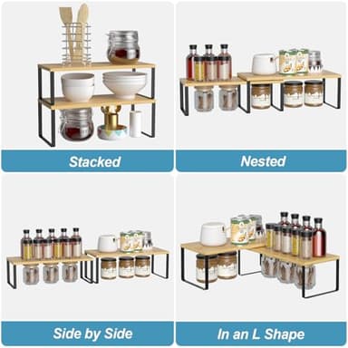 NEX Cabinet Shelf Organizer Set of 2, Kitchen Counter Shelves Spice Rack, Stackable, Expandable, Kitchen Pantry Cupboard Storage Organization, Black and Natural - Image 6