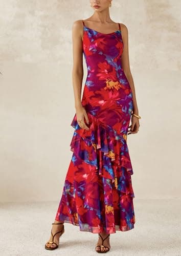 PRETTYGARDEN Maxi Dresses for Women 2025 Summer Tiered Floral Beach Sundress Spaghetti Strap Wedding Guest Long Dress (Navy Red Big Floral,Small) - Image 3