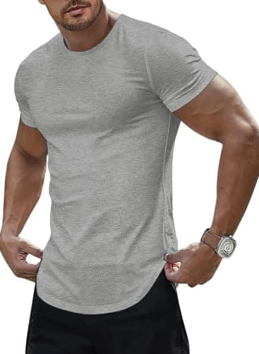 JMIERR Mens Short Sleeve T Shirt Muscle Slim Fitted Summer Shirt Crewneck Longline Tees Shirts for Gym Workout Athletic, US 46(XL), Grey - Image 1