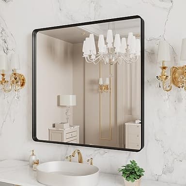 LOAAO 38x38 Inch Black Metal Framed Bathroom Mirror for Wall, Matte Black Bathroom Vanity Mirror Farmhouse, Large Rounded Rectangle Mirror, Anti-Rust, Tempered Glass, Hangs Horizontally or Vertically - Image 4
