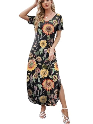 HUSKARY Women's Summer Sunflower Maxi Dress Beach Cover Ups Vacation Dresses Split Pockets Dresses - Image 4