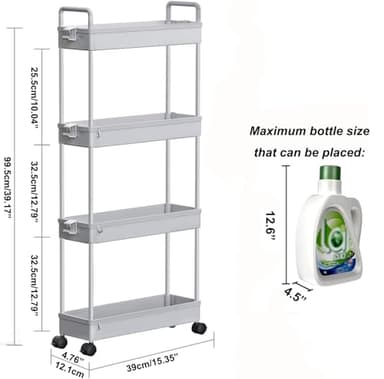 SOLEJAZZ Slim Rolling Storage Cart with Wheels 4 Tier Skinny Bathroom Storage Organizer Narrow Shelf Unit Thin Laundry Room Utility Cart for Bedside Kitchen Office Next to Fridge Small Places, Gray - Image 2