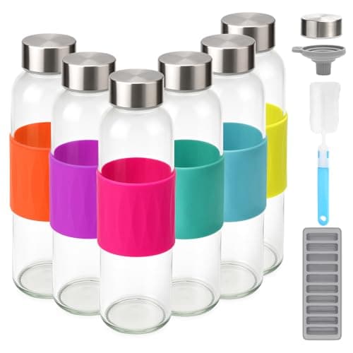Zukro Glass Water Bottles with Grip Silicone Sleeve 18 oz, 6 Pack Reusable Leak Proof Juice Bottles for Juicing, Beverage Storage, Airtight Stainless Steel Lid, Drinking Jar with Cap, BPA Free - Image 1