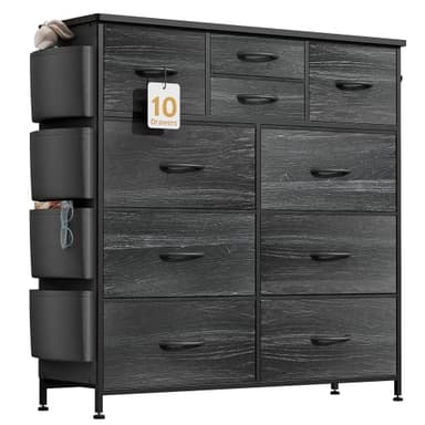YaFiti Dresser for Bedroom with 10 Drawers, Chest of Drawers with Side Pockets, Hooks, Wooden Top and Sturdy Metal Frame, Fabric Dresser Drawers for Living Room, Hallway (Black Wood Veins) - Image 9