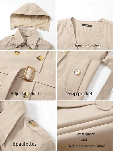 Women's Trench Coat Double Breasted Classic Mid-Length Adjustable Belt Jacket with Detachable Hood and Vest - Image 4