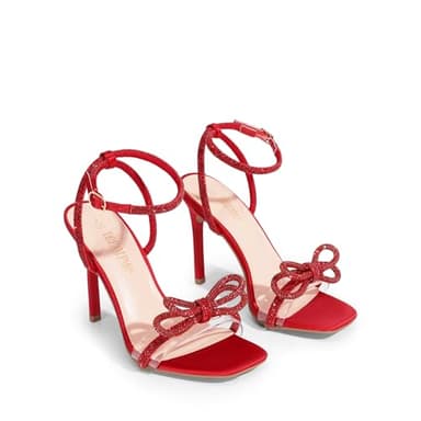 DREAM PAIRS Women's Double Bowknots Crystal Sandals Clear Slingback Heels Square Toe Shoes for Party Wedding Brielle,Size 9.5,Red-Satin,SDHS2389W - Image 2