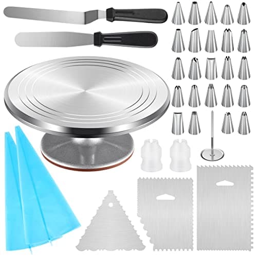Kootek Aluminium Cake Turntable, 12 Inch Rotating Cake Stand, 35 pcs Cake Decorating Kit Supplies with 24 Numbered Icing Piping Tips, 2 Frosting Spatula, Pastry Bags and Other Baking Tools - Image 1