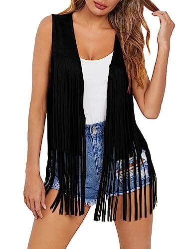 Dokotoo Womens Early Fall Fashion Cowboy Chic Outfits 70s Hippie Concert Outfits Vintage Western Cowgirl Cute Fringe Vest Tops Leather Tassel Night Out Birthday Party Jackets Clothes Black X-Large - Image 1