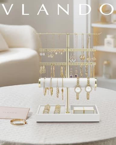 Vlando 3 Tier Jewelry Stand Organizer with Tary, Leather Jewelry Holder Display for Women, Gold Jewlery Holder Display for Necklace, Earring, Bracelet, Rings - White - Image 6
