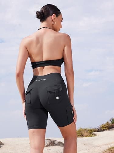 YEOREO Women Workout Biker Shorts with Cargo Pockets Hidden Scrunch High Waisted 8" Inseam No Front Seam Gym Shorts Black M - Image 2
