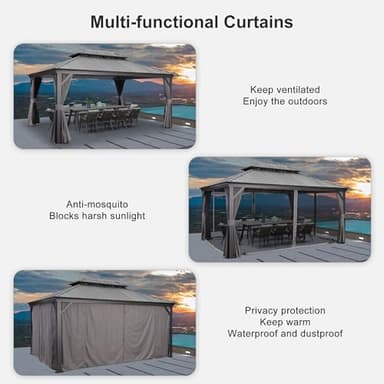 PURPLE LEAF 12' X 16' Permanent Hardtop Gazebo Aluminum Gazebo with Galvanized Steel Double Roof for Patio Lawn and Garden, Curtains and Netting Included, Grey - Image 3