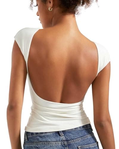 SUUKSESS Women Backless Sexy Going Out Crop Tops Double Lined Open Back Y2k Basic Tee Shirts (Pearl, S) - Image 1