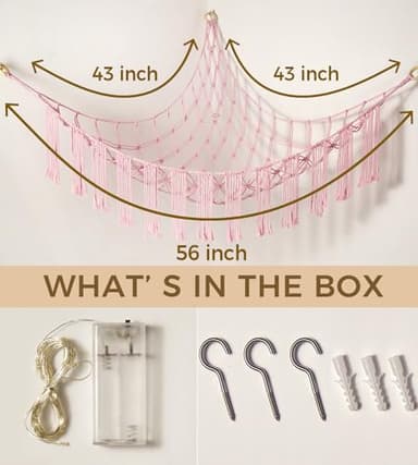 Stuffed Animal Hammock Corner Net with LED Light - Toy Storage Holder - Pink Cute Room Bedroom Decor for Teen Girls - Cute Bedroom Aesthetic Stuff for Baby Nursery Toddler Kids 8-10 - 12 Years Old - Image 5