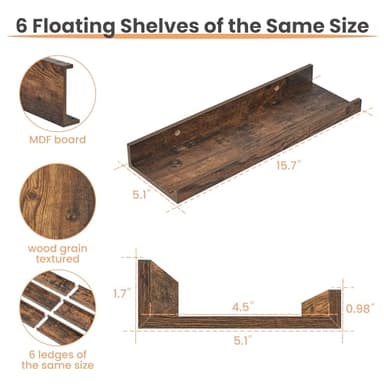 upsimples Floating Shelves for Wall, Wall Shelves for Decor Storage Set of 6, Wall Mounted Wood Shelf for Bedroom, Living Room, Bathroom, Kitchen, Picture Ledge Shelf, Brown - Image 3