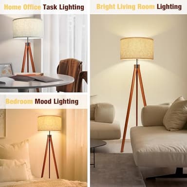Isloys Wood Tripod Floor Lamp, 3 Color Temperatures Mid Century Modern Boho Floor Lamp, Tall Standing Lamps for Living Room Bedroom Office, Flaxen Lamp Shade with E26 Lamp Base - Image 2