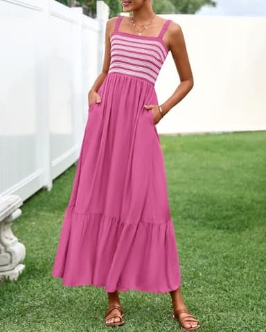 BTFBM Summer Midi Dresses for Women 2025 Spring Sleeveless Square Neck Smocked Flowy Long Beach Vacation Sundress Pocket(Rose Red, Medium) - Image 8