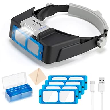 Dilzekui Headband Magnifier with LED Light, Rechargeable Head Mount Magnifier 1.5X to 3.5X, Opitcal Magnifying Glass with Lens, Jewelers Optivisor Hobbies Visor Manifying Glasses for Close Work - Image 1