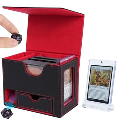 AFIING Card Deck Box for MTG Commander - Patented Design, Commander Display, Fits 120 Double-Sleeved Cards, 35pt Card Brick & Dice Tray - Black/Red - Image 2