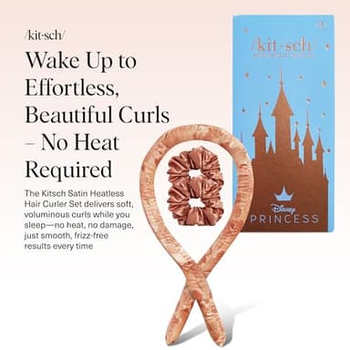 Disney & Kitsch Satin Heatless Hair Curler Set - Heatless Curls Overnight with Hair Curler & 2 Satin Scrunchies - Hair Curlers to Sleep in for Overnight Curls - Overnight Blowout Rods - Princess Party - Image 2