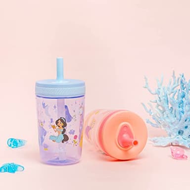 Zak Designs Disney Princess Kelso Toddler Cups For Travel or Home, 15oz 2-Pack Plastic Sippy Cups, Leak-Proof For Kids (Ariel, Aurora, Belle, Cinderella, Jasmine, Mulan, Rapunzel, Tiana) - Image 9