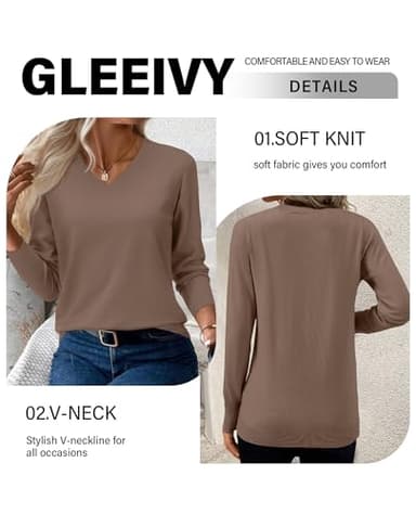 Womens Sweaters Dressy Casual V Neck Fashion Y2k Ladies Sweaters Long Sleeve Shirt Women 2024 Work Office Tops Sweatshirts Lightweight Thin Top Khaki M - Image 3