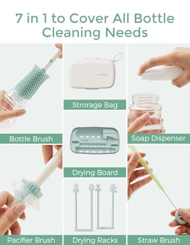 Momcozy Bottle Brush Set - Baby Bottle Cleaner Kit with Silicone Brush, Nipple Brush, Straw Brush, Soap Dispenser, Drying Rack - 7 in 1 Bottle Cleaning Tool for Home and Travel, Green - Image 6