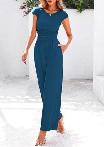 PRETTYGARDEN Summer Jumpsuits for Women Dressy 2025 Ribbed Cap Sleeve Wide Leg Pants Rompers Elegant Casual One Piece Outfits (Lake Blue,Medium) - Image 7