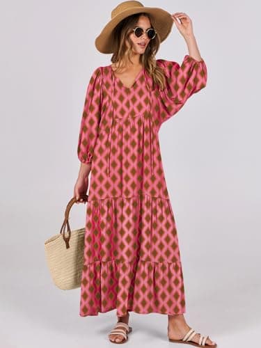 ANRABESS Womens Boho Maxi Dresses 2025 Summer V Neck Puff Sleeve Floral Flowy Swing Fall Casual Long Dress Pink Small - Image 2