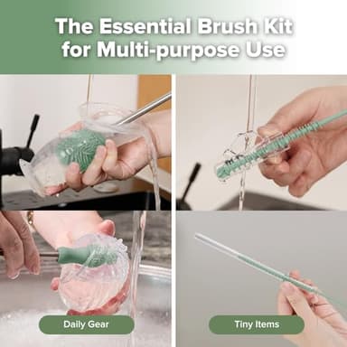 haakaa Silicone Cleaning Brush Kit - Baby Bottle Brush Cleaner for Breast Pump,Nipple,Breast Milk Storage Bag,Reusable Straw,Sippy Cup - Food Grade Silicone Bristles, Portable - 3 Pcs - Pea Green - Image 2