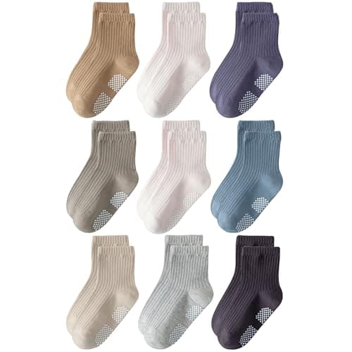 EUFANCE Toddler Grip Socks Non Slip Crew Socks Cute Seamless Cotton Socks for Baby Boys Girls Infants Kids 9 Pairs - Image 1