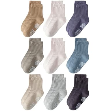 EUFANCE Toddler Grip Socks Non Slip Crew Socks Cute Seamless Cotton Socks for Baby Boys Girls Infants Kids 9 Pairs - Image 1