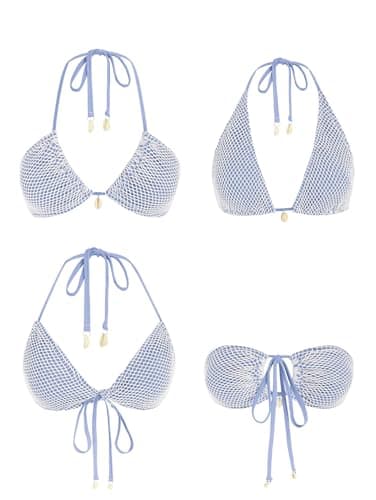 ZAFUL Women's Triangle Bikini Multiway Fishnet Tie Side Bandeau Halter String Bikini Set Two Piece Swimsuit Bathing Suits (1-Light Blue, Small) - Image 3