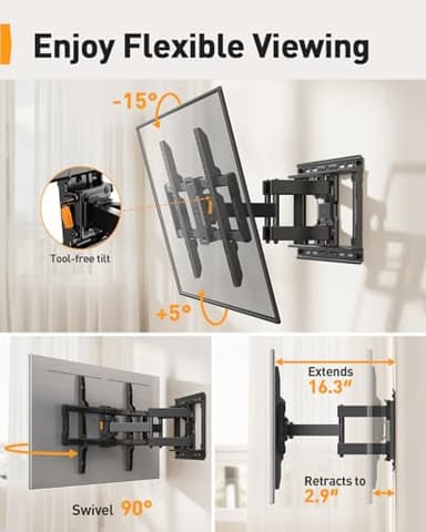 Perlegear UL-Listed Full Motion TV Wall Mount for 40–86 Inch Flat Curved TVs up to 132 lbs, 12″/16″ Wood Studs, TV Mount Bracket with Tool-Free Tilt, Swivel, Extension, Max VESA 600 x 400mm, PGLF15 - Image 6