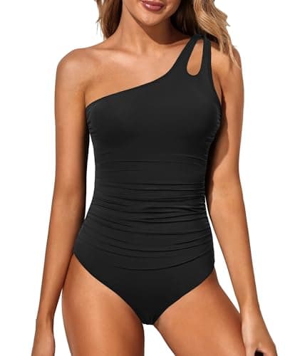 Holipick One Shoulder One Piece Swimsuit for Women Tummy Control Bathing Suits Modest Full Coverage Keyhole Swimwear Black - Image 1