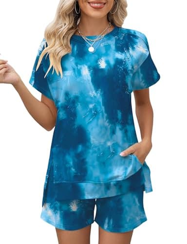LOMON Womens 2 Piece Outfits High Waist Drawstring Lounge Shorts Sets 2025 Summer Comfy Loungewear Sweatsuits(Blue Tie Dye,L) - Image 1