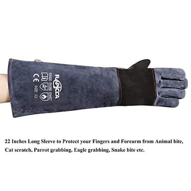 RAPICCA Animal Handling Gloves Bite Proof Reinforced Leather Padding Dog,Cat Scratch,Bird Handling Falconry Gloves Grabbing,Reptile Squirrel Snake Bite 22in Grey-Black - Image 6