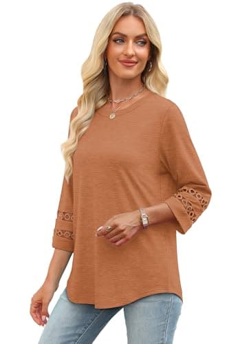 Womens Tops Dressy Casual 3/4 Length Sleeve Tshirts Shirts Work Blouses Beach Vacation Fall Clothes 2025 Caramel 2XL - Image 4