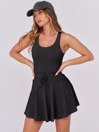 Caracilia Women's Tennis Mini Dresses Workout Built in Shorts Golf Athletic Sleeveless One Piece Summer Active Romper Dress Black Large - Image 2