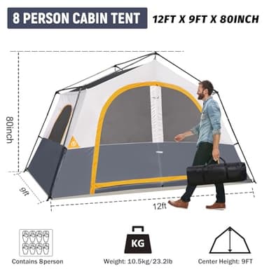 HIKERGARDEN 8 Person Camping Tent - Portable Family Cabin Tent for Camp, Windproof Fabric Camp Tent Outdoor for Hiking, Backpacking, Traveling-12'x9'x80in(H) (Gray) - Image 2