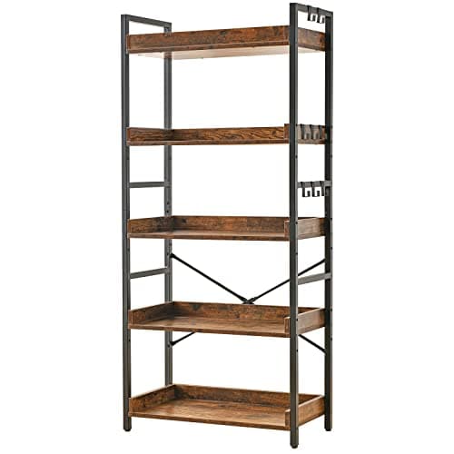 HCHQHS Adjustable 5 Tier Open Bookcase, Rustic Farmhouse Book Shelves, Industrial Wood and Black Metal Bookshelves, Mid Century Bookcase for Home Office Living Room Bedroom - Image 1