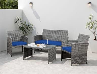 Shintenchi 4 Piece Patio Ratten Set Outdoor Furniture Set Wicker Conversation Set with Cushions and Tempered Glass Tabletop,Deep Blue - Image 1
