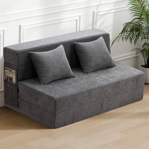 HOMFINE Folding Sofa Bed - Convertible Sleeper Chair with Pillow, Fold Out Couch, Memory Foam Floor Mattress, Futon Couch, Lazy Sofa for Living Room/Dorm/Guest Room/Home Office, Queen, Grey - Image 1