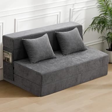 HOMFINE Folding Sofa Bed - Convertible Sleeper Chair with Pillow, Fold Out Couch, Memory Foam Floor Mattress, Futon Couch, Lazy Sofa for Living Room/Dorm/Guest Room/Home Office, Queen, Grey - Image 1