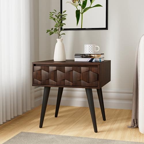 Bme Georgina Solid Wood Nightstands with Drawers - Fully Assembled Rustic Geometric Pattern Bedside Cabinet - Mid Century Modern Side Table for Living Room, Bedroom - Image 1