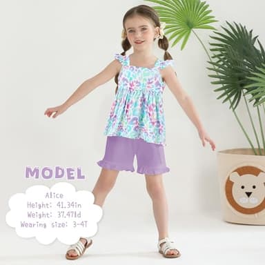 YUEMION Toddler Girl Clothes, 2Pcs Baby Girl Summer Outfits Ruffle Sleeveless Shirts Floral Tops + Shorts Clothing Set(Colorful Leopard + Purple, 2-3T) - Image 4