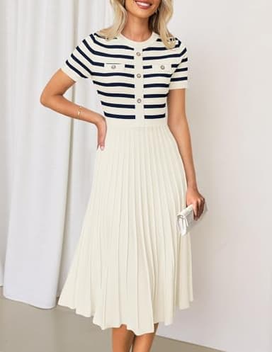 ZESICA Women's 2025 Casual Striped Midi Dress Crewneck Short Sleeve Button Ribbed Knit Swing Pleated A Line Dresses,Beige,Small - Image 2